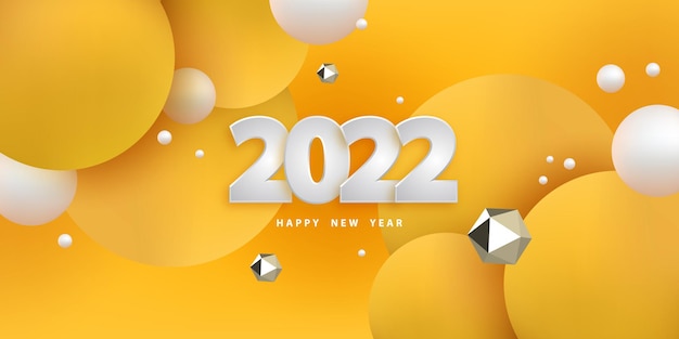 Happy New Year 2022 Festive background with 3D spheres and golden polygons