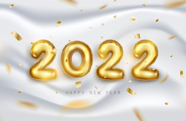 Happy New Year 2022. Golden metallic numbers 2022 in realistic 3d on soft white background with shiny glitters or ribbon falling. Holiday elements vector illustration for banner, poster and design.