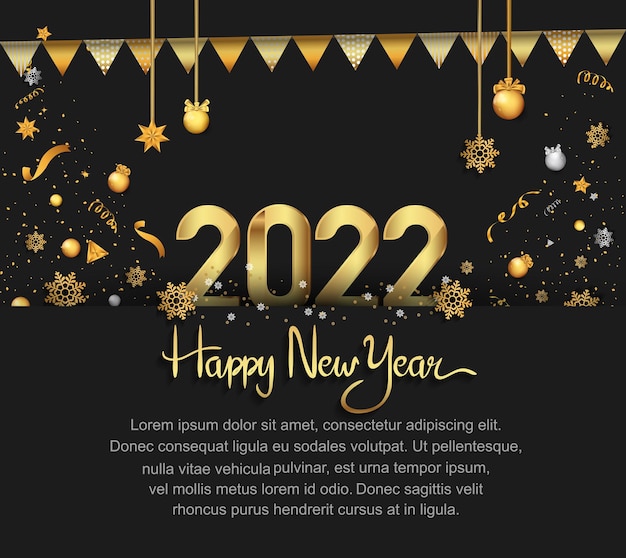 Happy new year 2022 golden number with element party isolated on red background