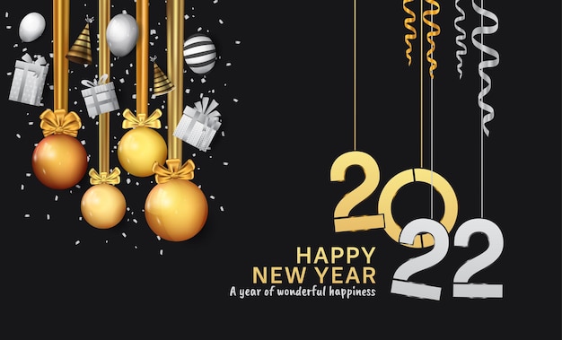 Happy new year 2022 golden number with party element isolated on black background