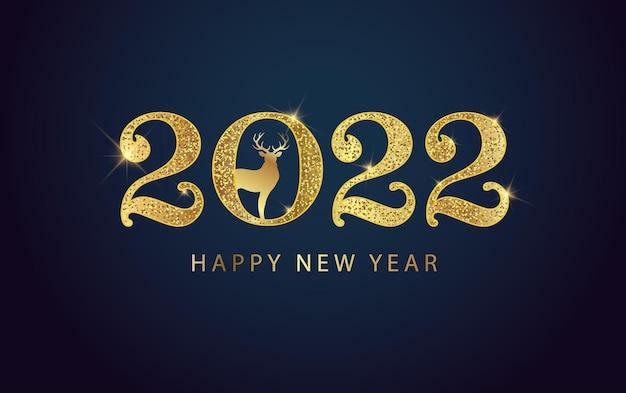 Happy New Year 2022 Golden numbers with Christmas deer Holiday greeting card design