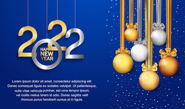 Happy new year 2022 golden and silver number with party element isolated on blue background