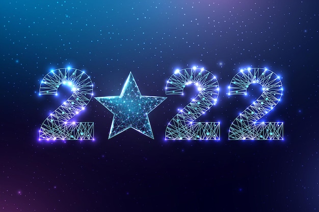 Happy new year 2022 greeting card. Low poly style design. Numbers from a polygonal wireframe mesh. 
Abstract vector illustration on dark background.