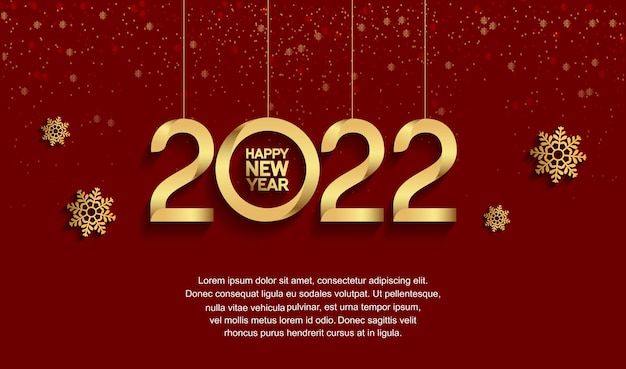 Happy new year 2022 hanging golden number with snowflake isolated red background