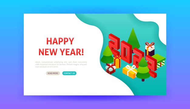 Happy New Year 2022 Landing Page. Vector Illustration of Winter Holiday Isometry.