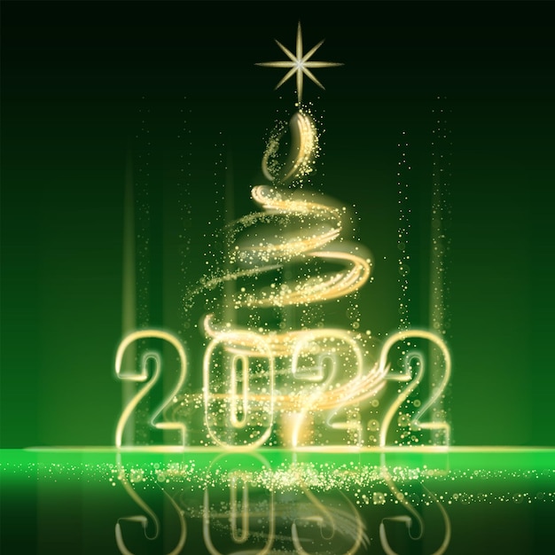 Happy New Year 2022 Merry Christmas tree gold lights dust decoration golden blurred magic glow