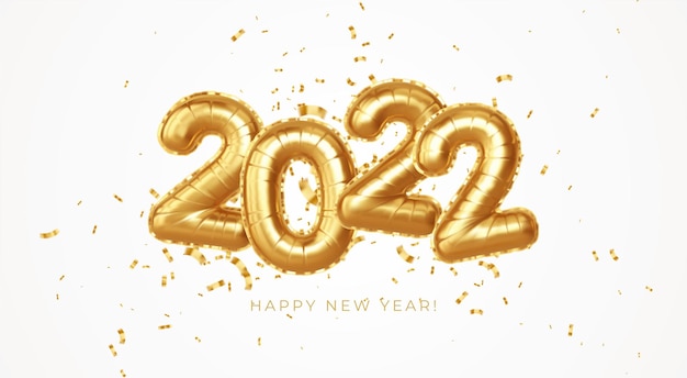 Happy new year 2022 metallic gold foil balloons on a white background. Golden helium balloons number 2022 New Year. Ve3ctor illustration EPS10