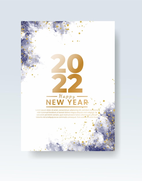 Happy new year 2022 poster or card template with watercolor wash splash