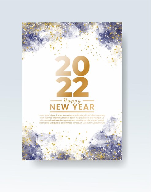 Happy new year 2022 poster or card template with watercolor wash splash