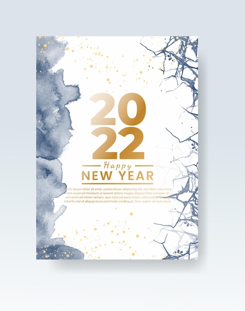 Happy new year 2022 poster or card template with watercolor wash splash