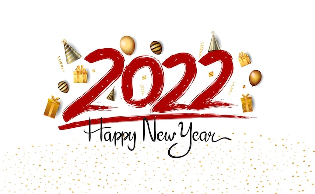 Happy new year 2022 red color number with golden balloons hat and gift box