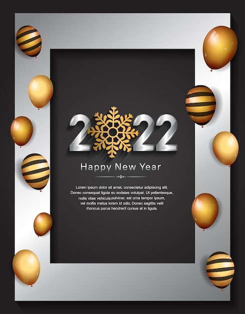 Happy new year 2022 silver color with party element isolated black background for celebration