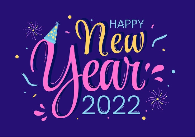 Happy New Year 2022 Template Flat Design Illustration with Ribbons and Confetti on a Colorful Background for Poster, Brochure or Banner