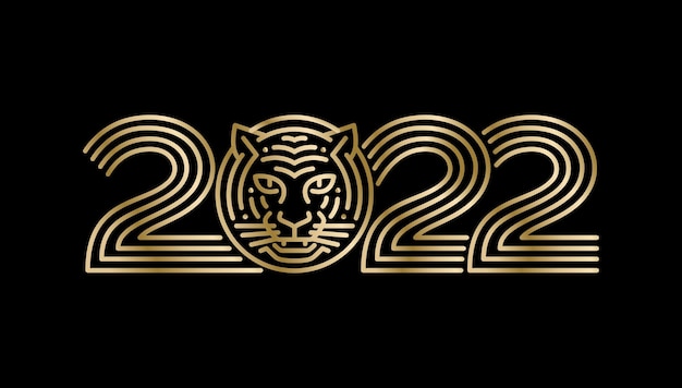 Happy New Year 2022 typography with tiger head zodiac symbol Design  in the shape of a outline