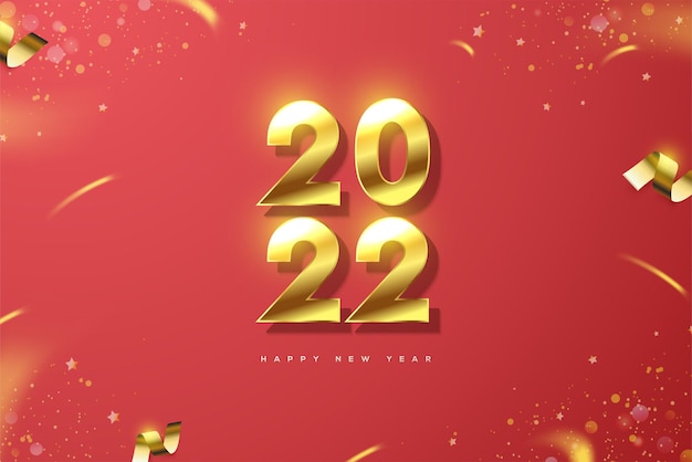 Happy new year 2022 with luxury gold numbers on red background