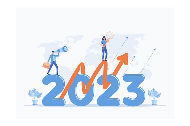 Vector happy new year 2023. 2023 business goals concept, business team seeking new opportunities.