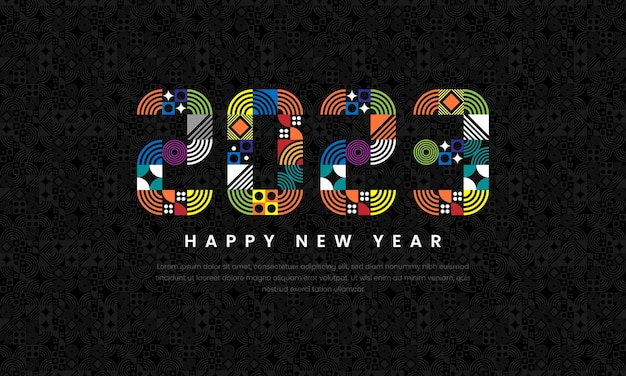 Happy new year 2023 art line geometric colorful on dark background premium vector