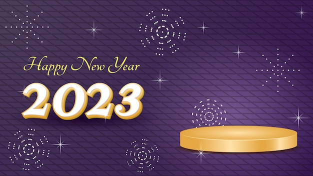 happy new year 2023 banner design with gold podium and dark purple background. for promo, greeting