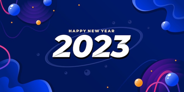 Happy new year 2023 banner logo design with futuristic modern illustration