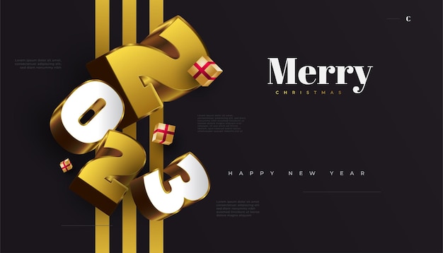 Happy New Year 2023 Banner with 3D White and Gold Numbers Isolated on Black Background 2023 New Year Design for Banner Poster or Greeting Card