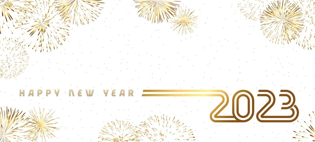 A Happy New Year 2023 beautiful greeting card. White snowy background. Golden shiny fireworks.