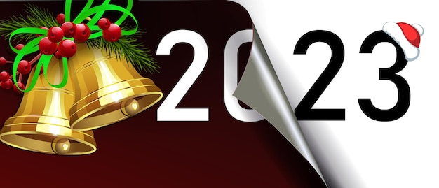 Happy new year 2023 christmas composition folded leaf green tree with golden bells