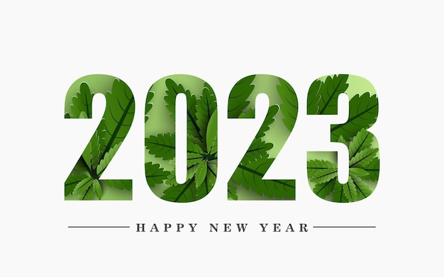 Happy New Year 2023 design green leaves inside number on white background