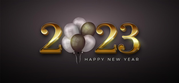 Happy new year 2023 editable gold number with balloons between the numbers