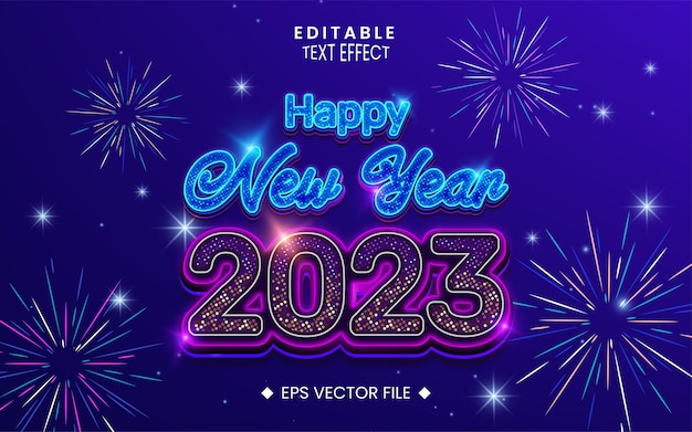 Happy new year 2023 editable neon text effect with colorful halftone sparkles fireworks stars