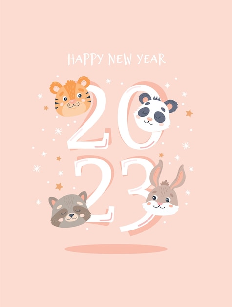 Happy new year 2023 festive card template with cute animals Vector llustration in flat style