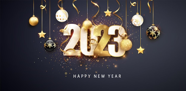 Happy new year 2023 Festive design with Christmas decorations balls streamer and garlands