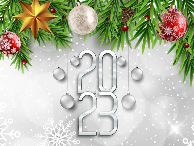 Happy New Year 2023. festive realistic decoration. Celebrate party 2023 on white background,