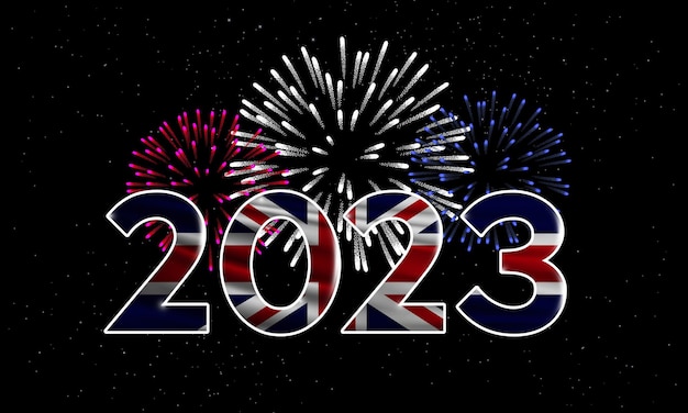 Happy New Year 2023 Great Britain 2023 New Years national flag of United Kingdom and fireworks