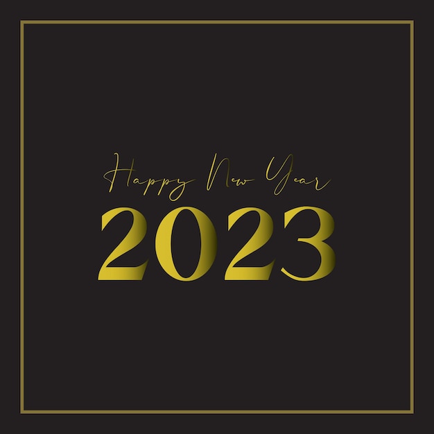 Happy new year 2023 greeting card design with golden date on black background