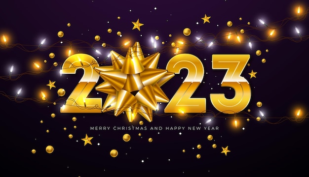 Happy New Year 2023 Illustration with Gold Number Clock and Bow on Lighting Garland Background