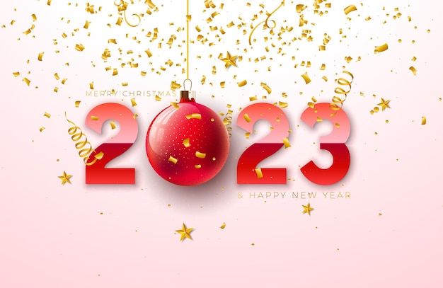 Happy New Year 2023 Illustration with Red Ornamental Ball and Falling Confetti on Light Background