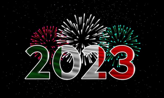 Happy New Year 2023 Italy 2023 New Years background with national flag of Italy and fireworks