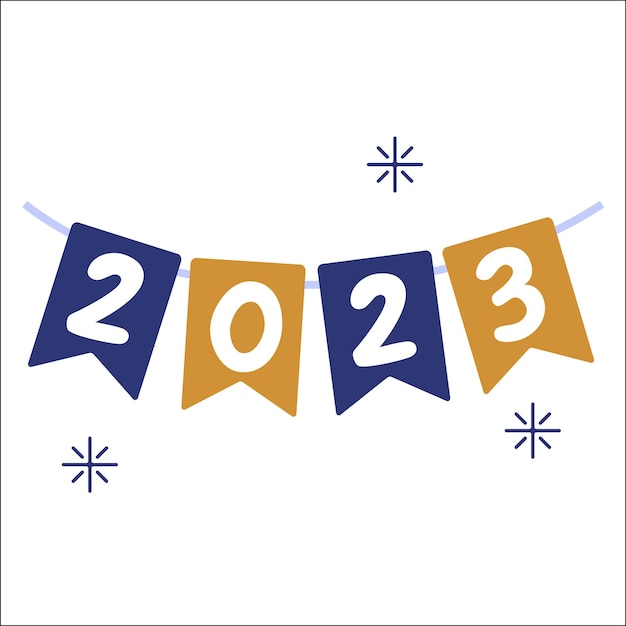 Happy new year 2023 letter text on wall party ribbon decoration vector illustration