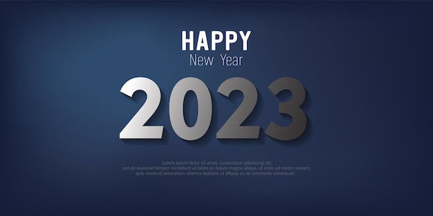 Happy New Year 2023 metal number and text on blue gradient background