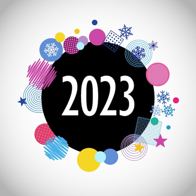 A Happy New Year 2023 modern logotype concept. Flat arts style. Black colour paper Christmas ball.