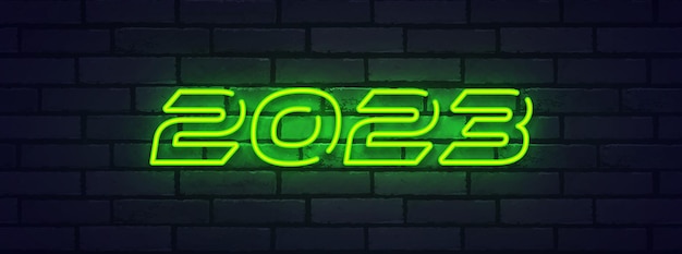 Happy New Year 2023 Neon Signs Logo emblem banner and label bright signboard light banner Vector illustration