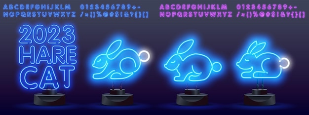 Happy new year 2023 in neon style Set of bunny in simple one line style Bunny icon on a color spot 2023 year of the rabbit in neon style Christmas vector illustration