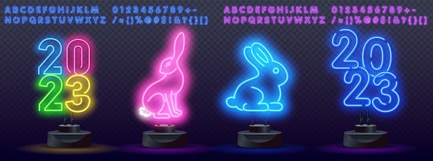 Happy new year 2023 in neon style Set of bunny in simple one line style Bunny icon on a color spot 2023 year of the rabbit in neon style Christmas vector illustration