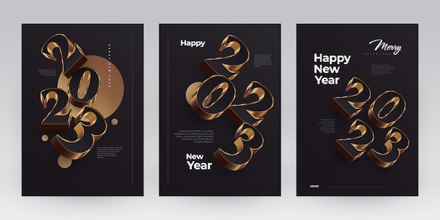 Happy New Year 2023 Poster Set with Black and Gold 3D Numbers New Year Design Template for Decoration Branding Banner Poster Cover and Card