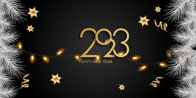 Happy new year 2023 Realistic elegant vector templates Realistic gifts and Christmas garlands Vector