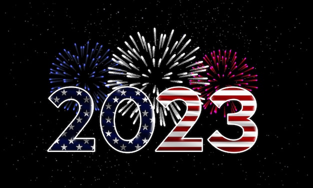 Happy New Year 2023 USA 2023 New Years background with national flag of USA and fireworks