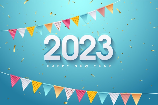 happy new year 2023 with hanging colored paper decoration.