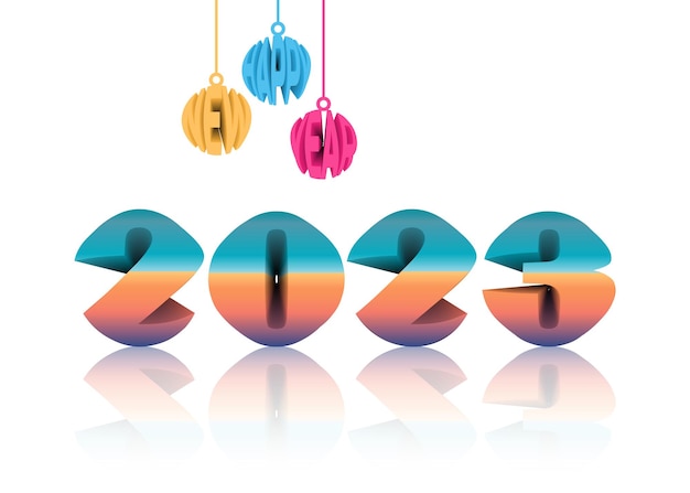 happy new year 2023. with hanging text decoration and 3d style number.