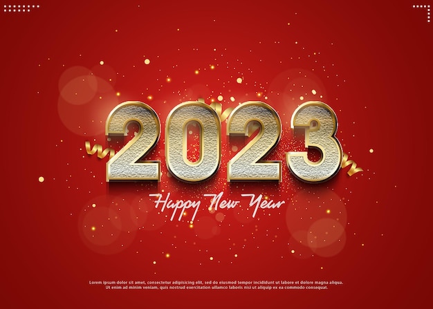 happy new year 2023 with numbers wrapped in glitter.