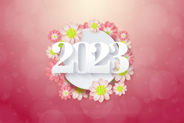 Happy new year 2023 with realistic 3d circle plate and flowers